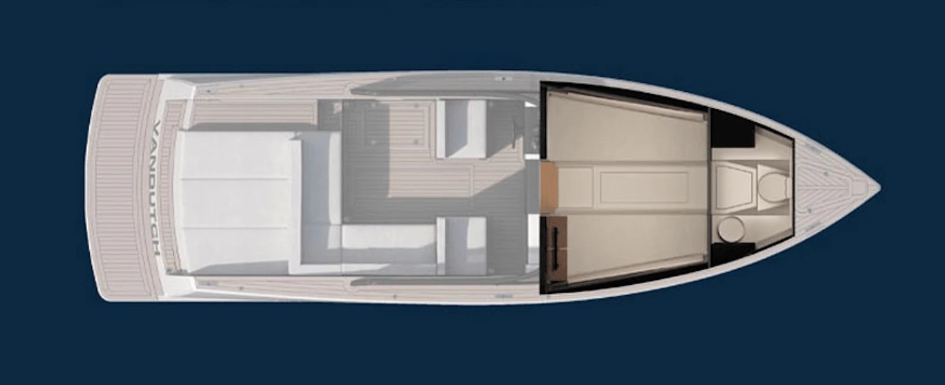Builder's top-down render of the VanDutch 32 highlighting the below-deck cabin space
